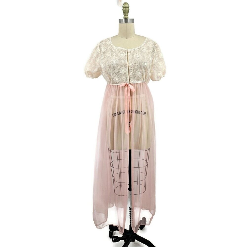 Vintage Pink Sheer Peignoir Robe Womens M Nylon Chiffon Babydoll Lace